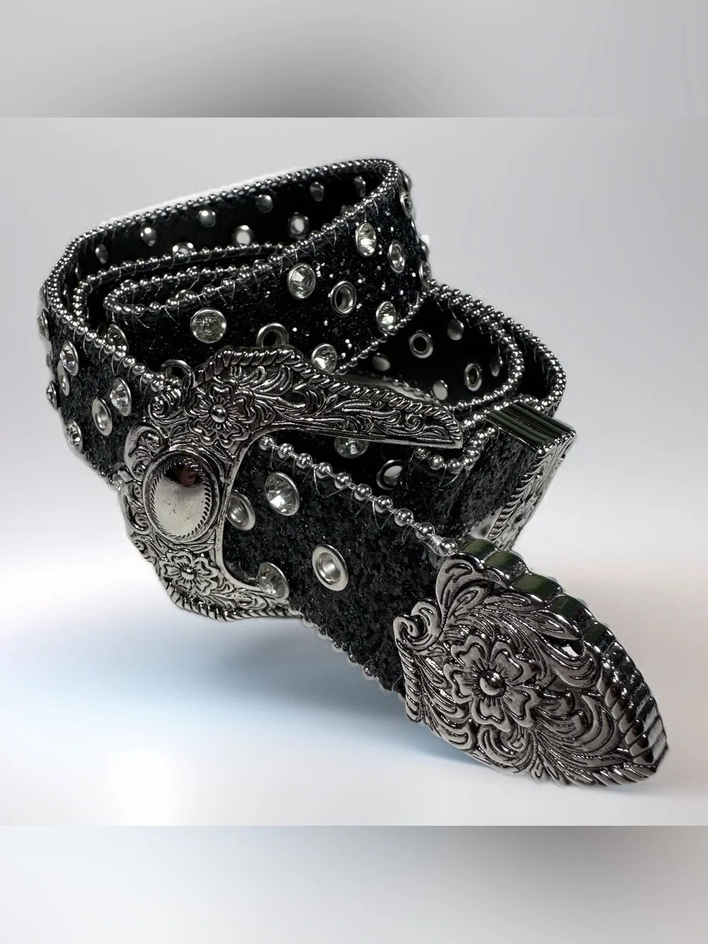 Y2K Black Rhinestone Studded Western Belt - One Size Fits Most (Fully Adjustable